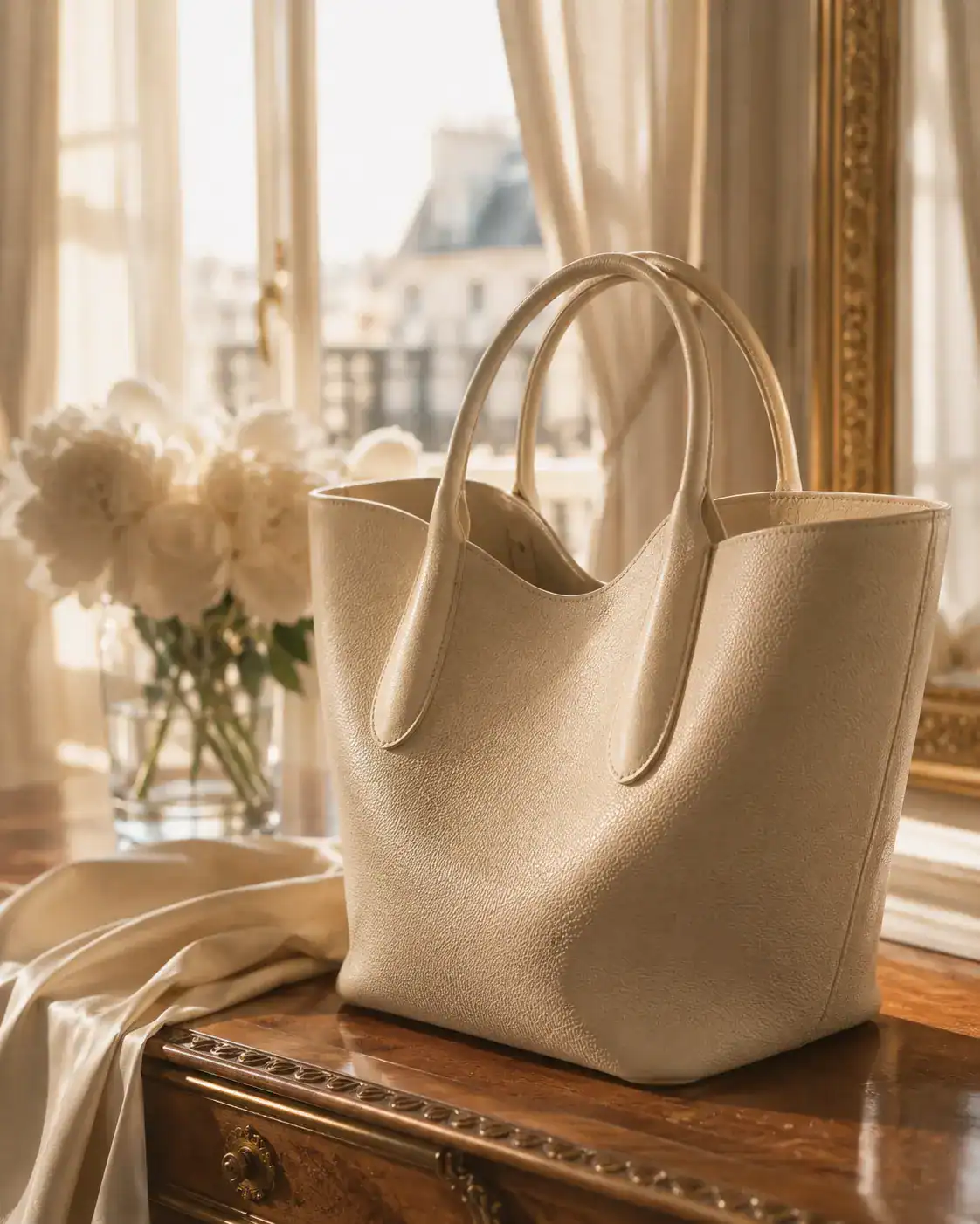 Soft structured ivory leather bag in Haussmann light