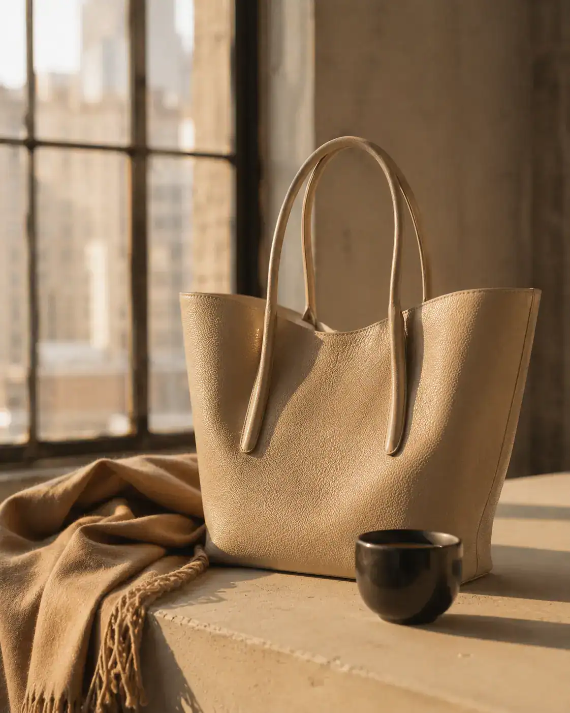Sculptural beige leather bag in Soho morning light