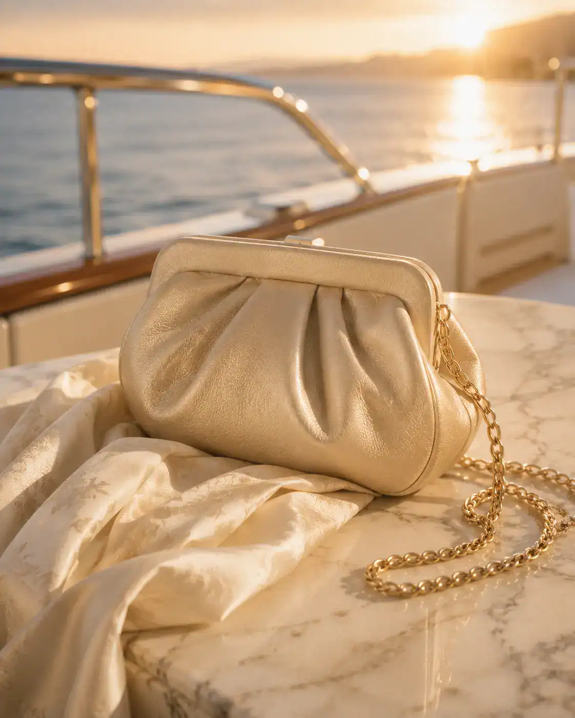 Soft gold-ivory evening bag on marble