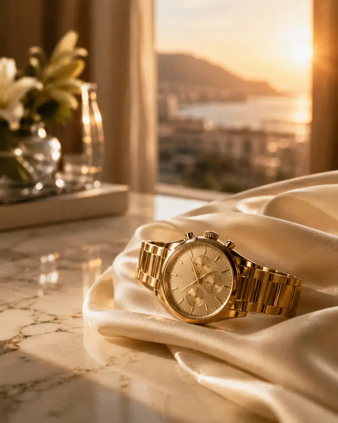 Gold Chronograph on ivory silk and marble
