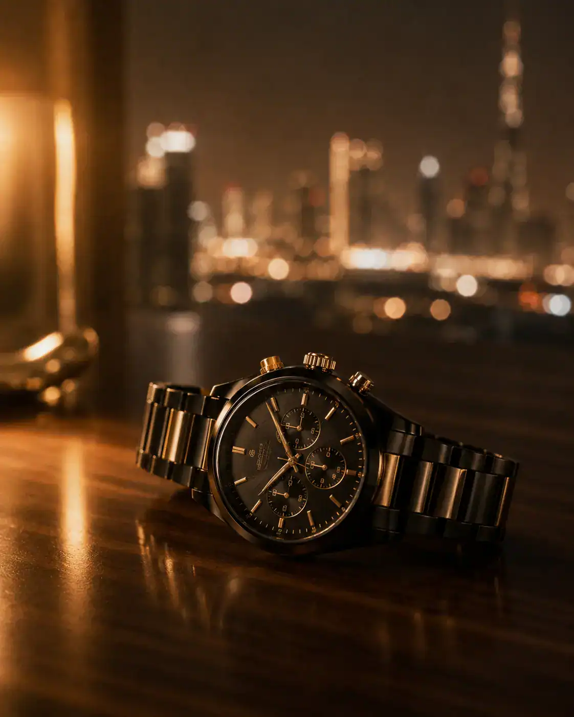 Black ceramic and gold timepiece against city night
