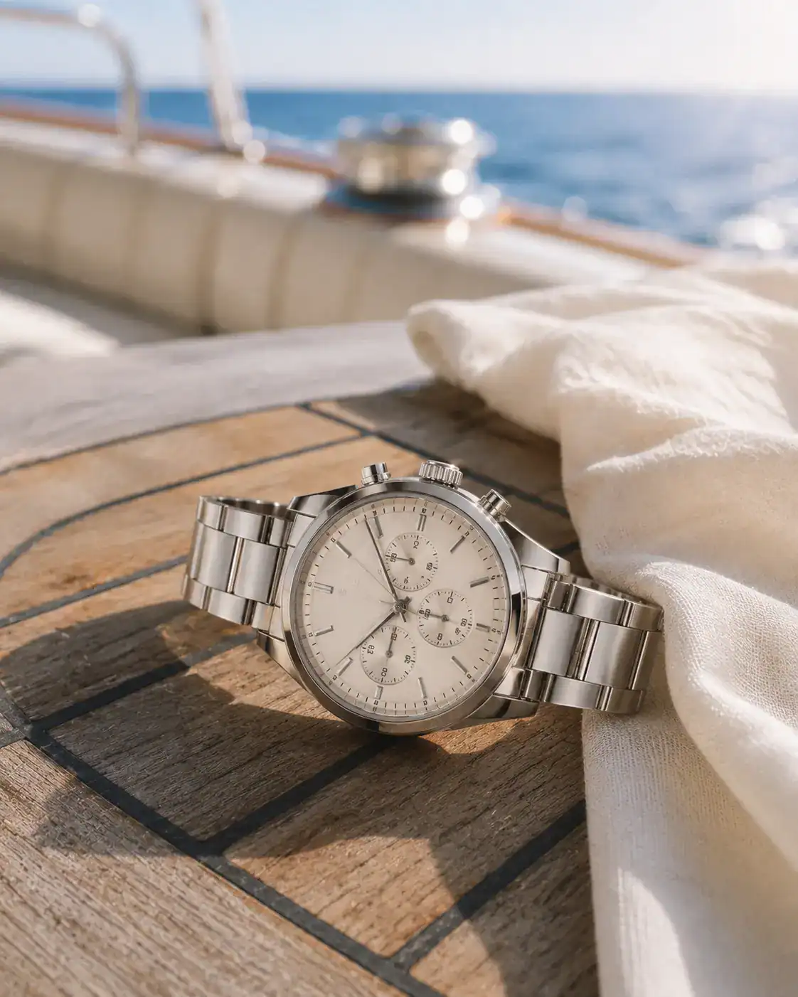 Steel and cream dial on teak yacht deck