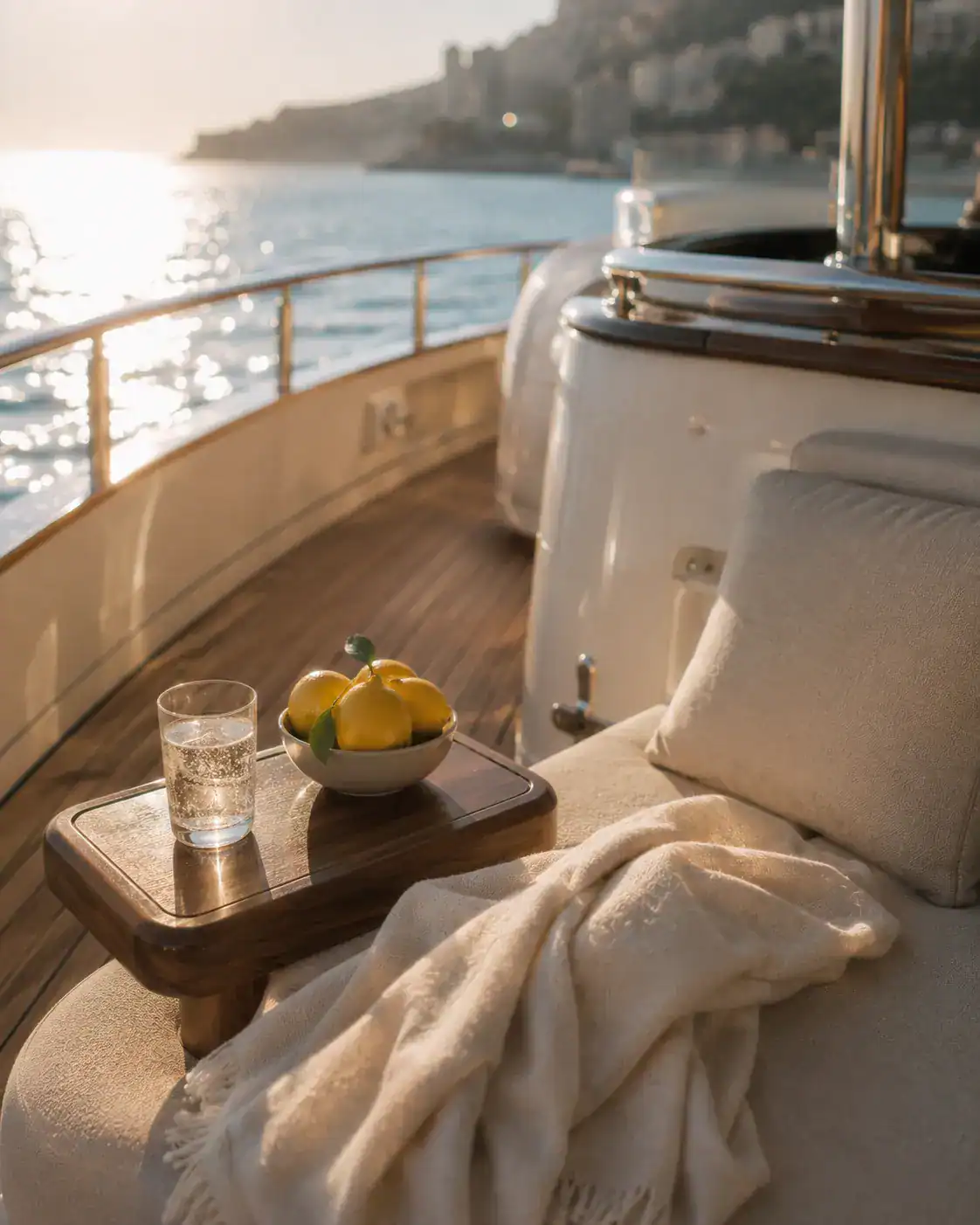Sleek day cruiser in Monaco harbour at golden hour