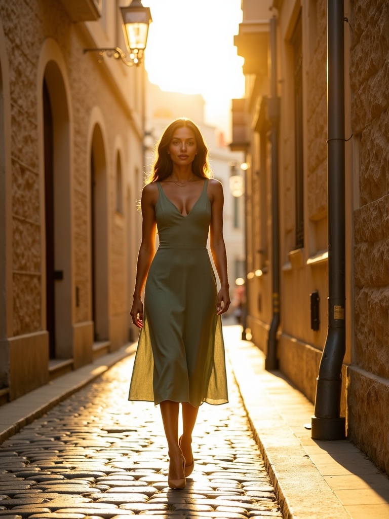 Nova Vale walking a Mediterranean cobblestone alley at golden hour