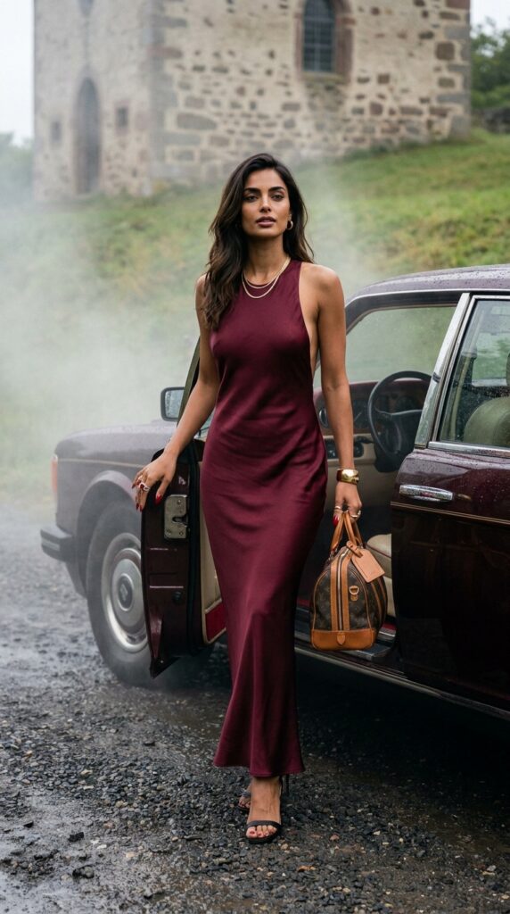 Nova Vale in a burgundy silk gown stepping out of a vintage car at the foggy Weinfelder Maar, Eifel