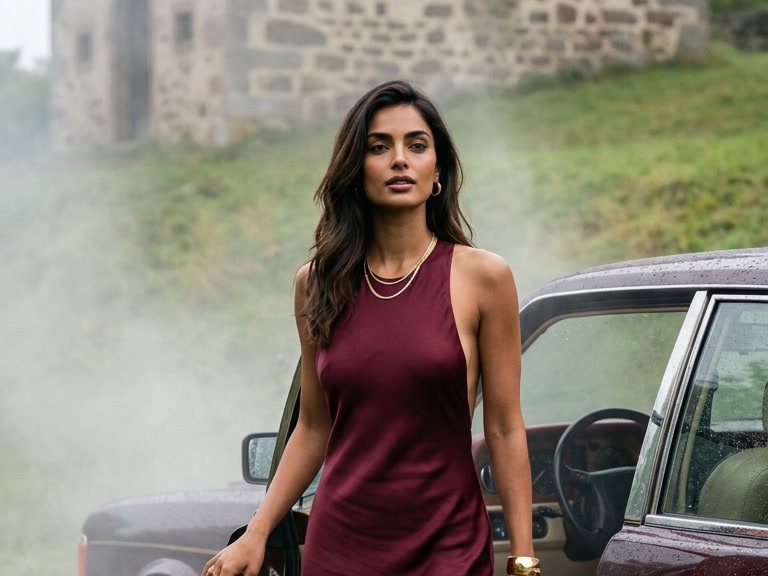 Nova Vale in a burgundy silk gown by a vintage car in the fog at the Weinfelder Maar, Eifel