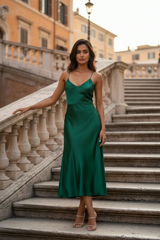 Nova Vale, AI-generated: Emerald satin on the Rome steps